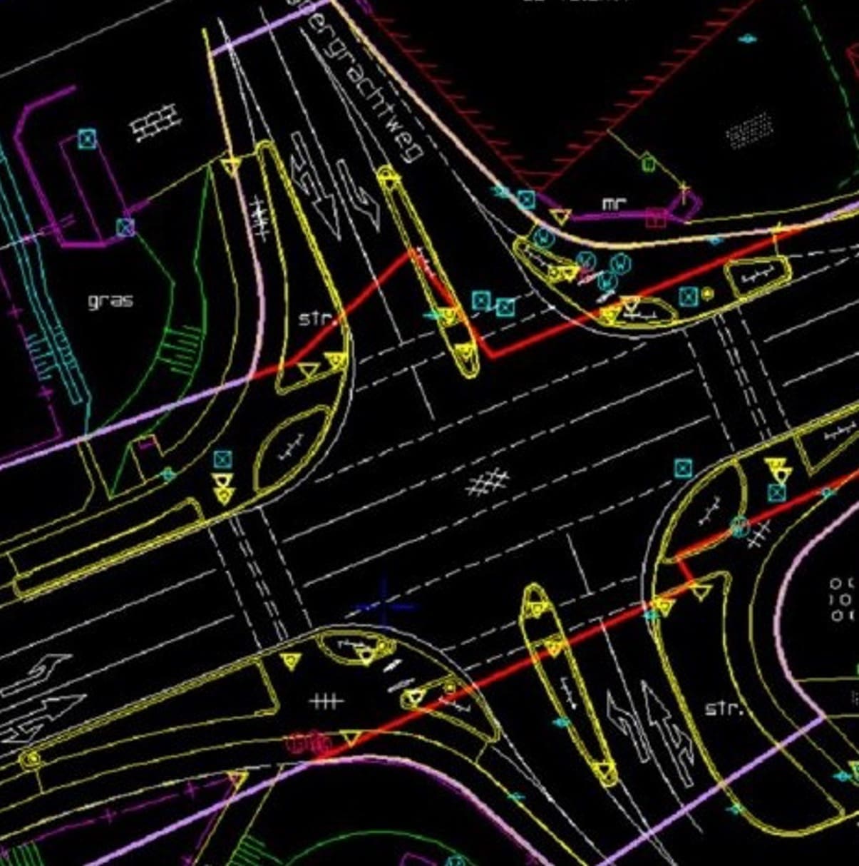 Colorful 3D model of a roadway intersection